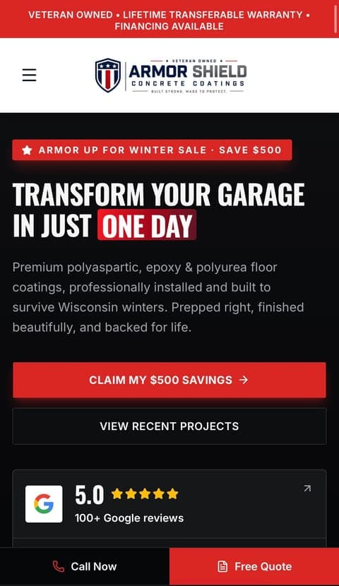 ArmorShield Concrete Coatings website on a phone