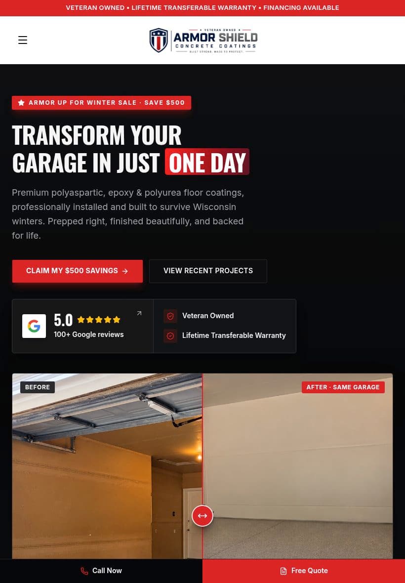 ArmorShield Concrete Coatings website on a tablet