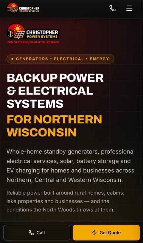 Christopher Power Systems website on a phone