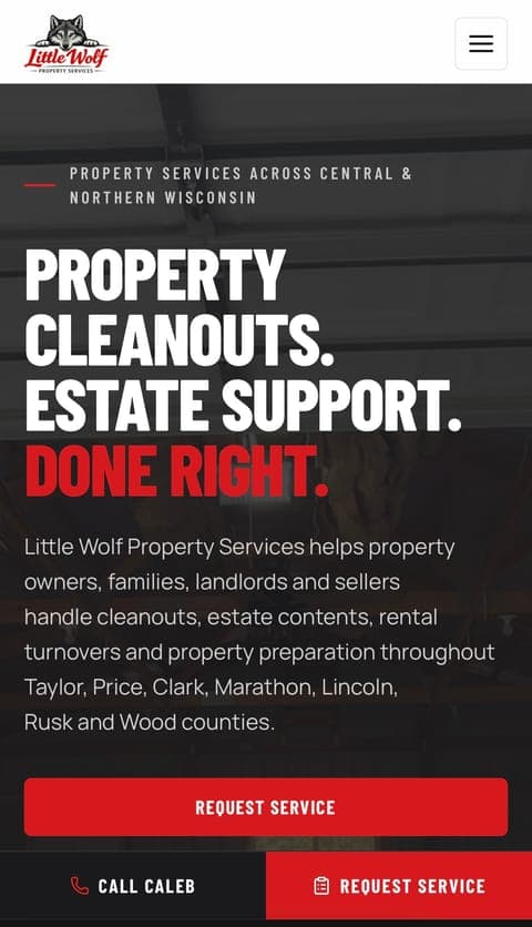Little Wolf Property Services website on a phone