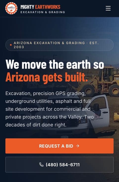 Mighty Earthworks website on a phone