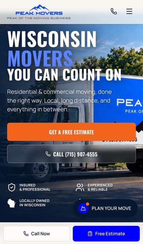Peak Movers website on a phone