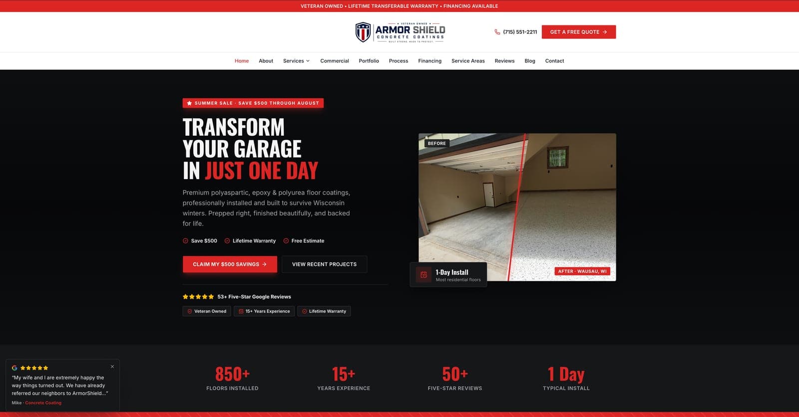The ArmorShield Concrete Coatings website, built and managed by Tech Turtle