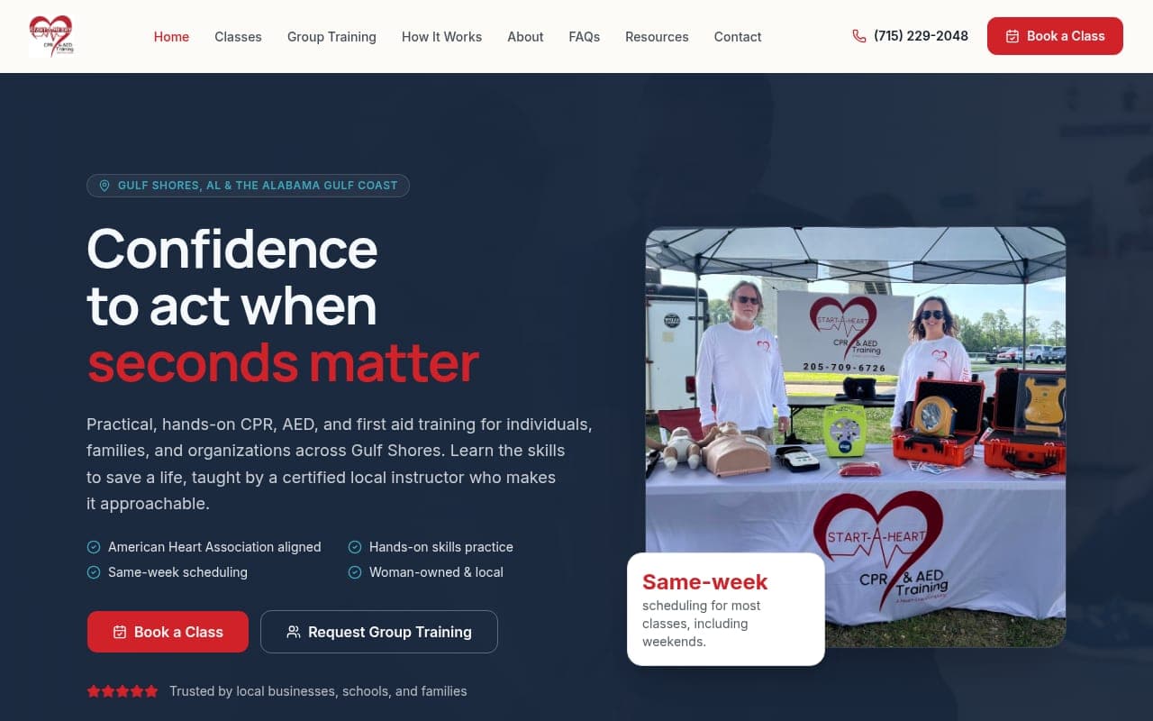 Start-A-Heart CPR and AED training website shown on desktop and mobile devices