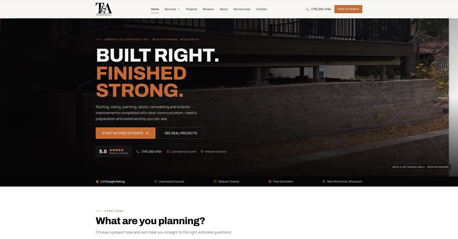 Homepage of the T&A Contracting website built by Tech Turtle, headline Built Right. Finished Strong.