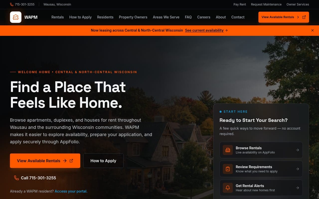 The Wausau Area Property Management website, built and managed by Tech Turtle