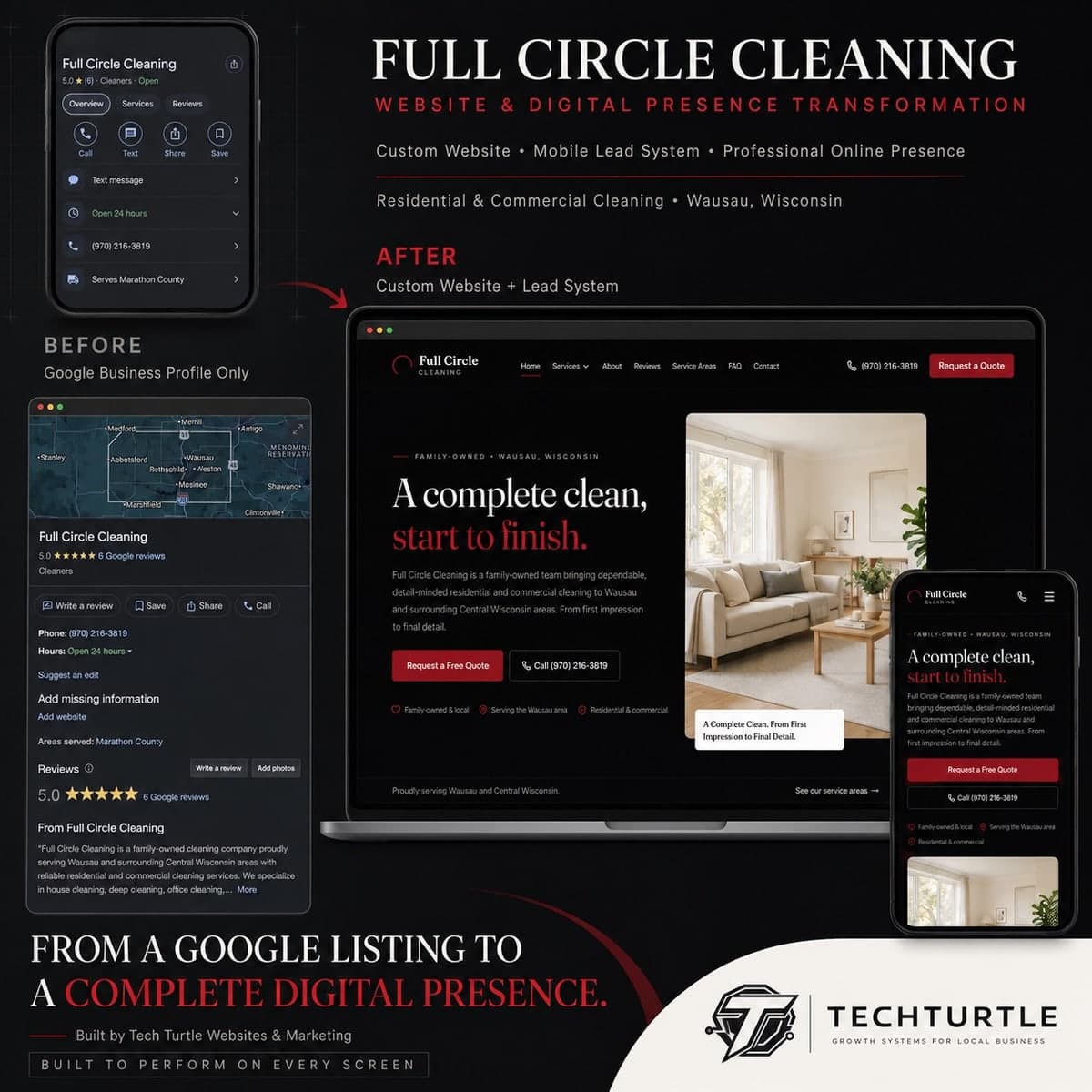 Full Circle Cleaning website transformation from a Google listing to a responsive desktop and mobile website, built by Tech Turtle